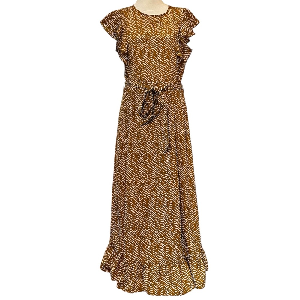 Bohme Flutter Sleeve Belted Scoop Neck Brown & White Boho Maxi Dress, Medium